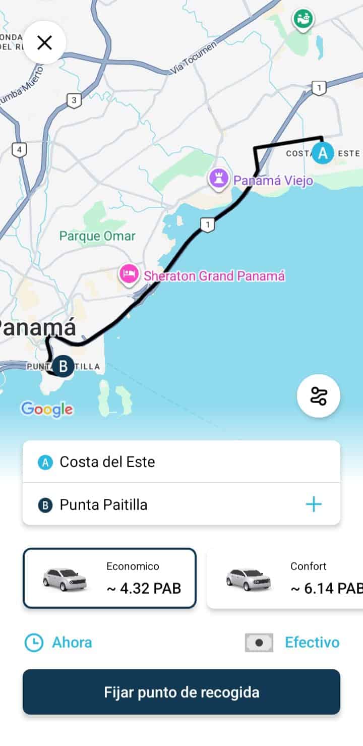 Taxi Panamá - confirmación de ruta en V-Cab (pasajeros)